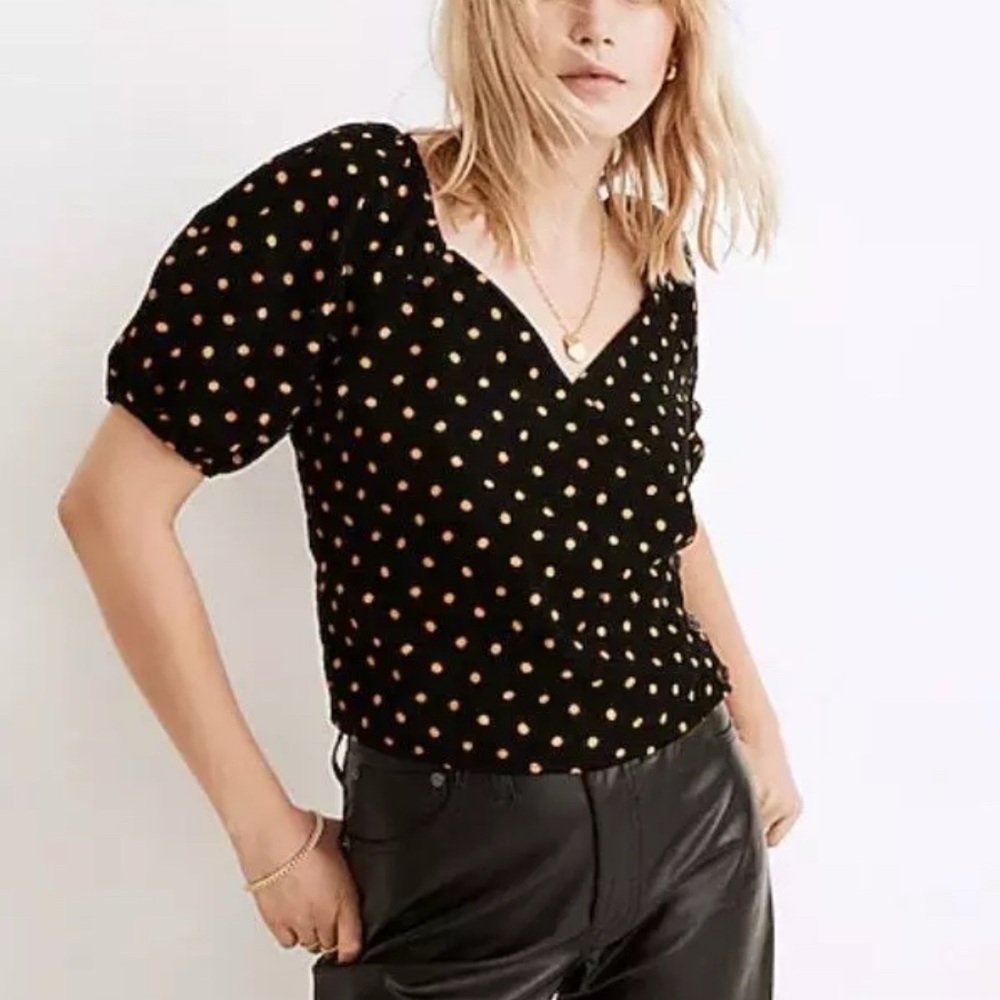 Madewell Corduroy Puff-Sleeve Wrap Top in Oval Dot Size XXS
